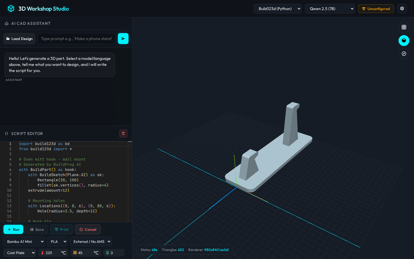 BuildFrog Studio: AI-generated frog 3D model ready to print, with code editor and live preview